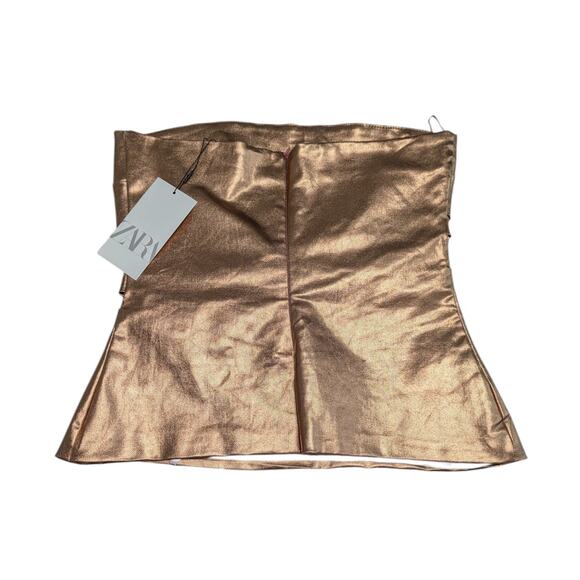 ZARA Bronze Metallic Strapless Tube Top Rose Gold Copper Ruched Womens Medium - Picture 3 of 6